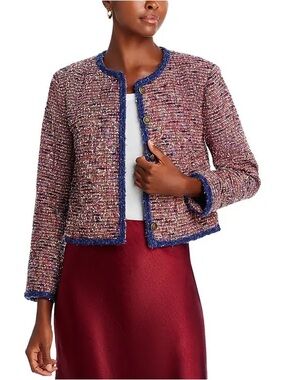 Aqua Multi-Pink Tweed Crop Jacket with Navy Trim